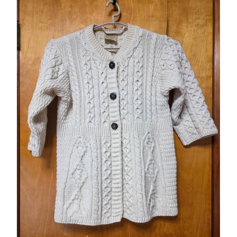 Vintage Kilronan Knitwear Irish Aran Cardigan White Merino Wool Made Ireland M